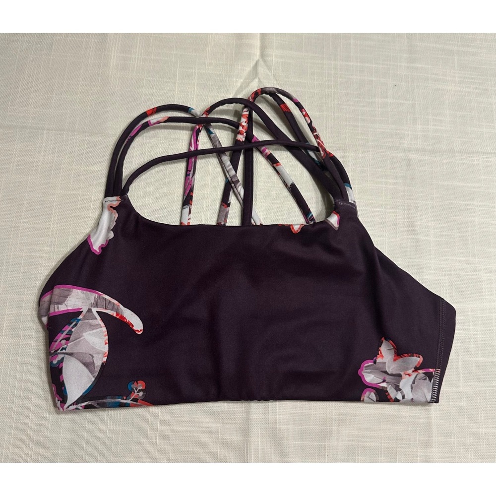 Athleta Strappy‎ Cage Back Sports Bra Purple Floral High Neck Small Yoga Gym